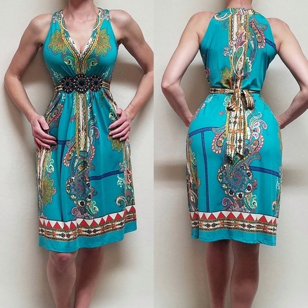 90s-Y2K Vintage ICE Teal Paisley Turquoise Bead Belted Halter Mini Dress 4